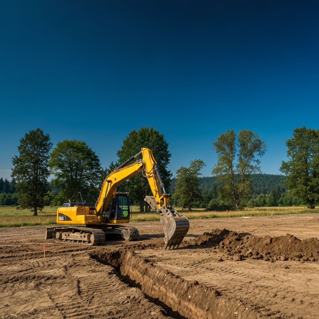 Professional excavation services - excavator working on foundation preparation in Central Oregon